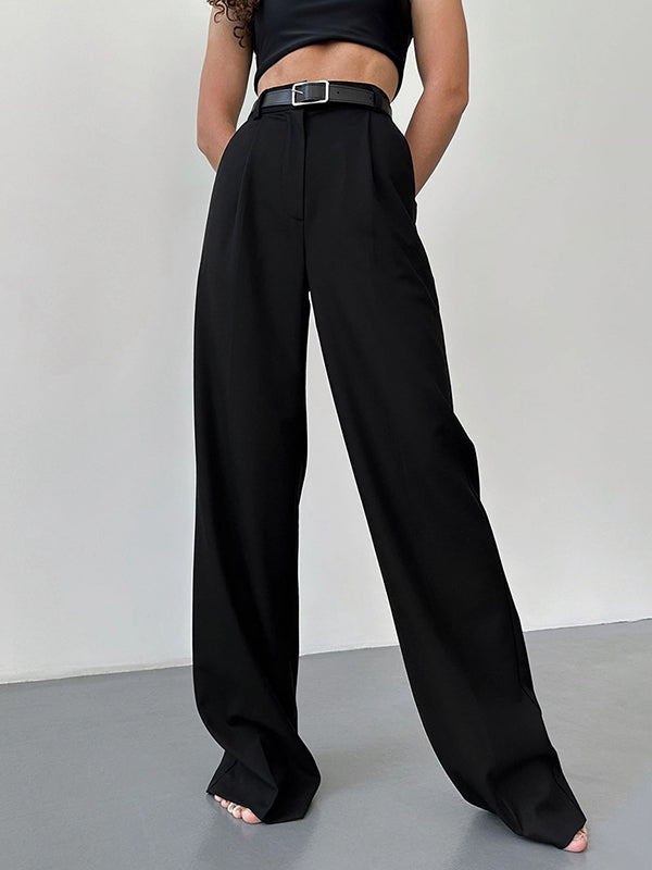 No Belt Solid Color High Waisted Loose Trousers Suit Pants