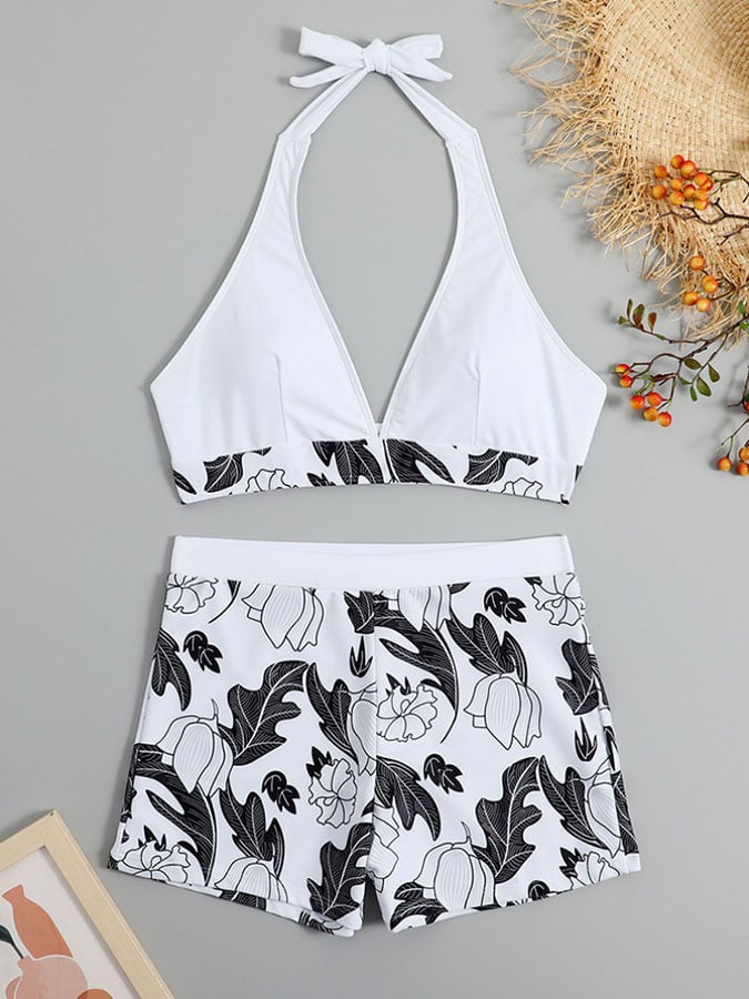 Sexy bikini high-waisted printed color-blocking split swimsuit