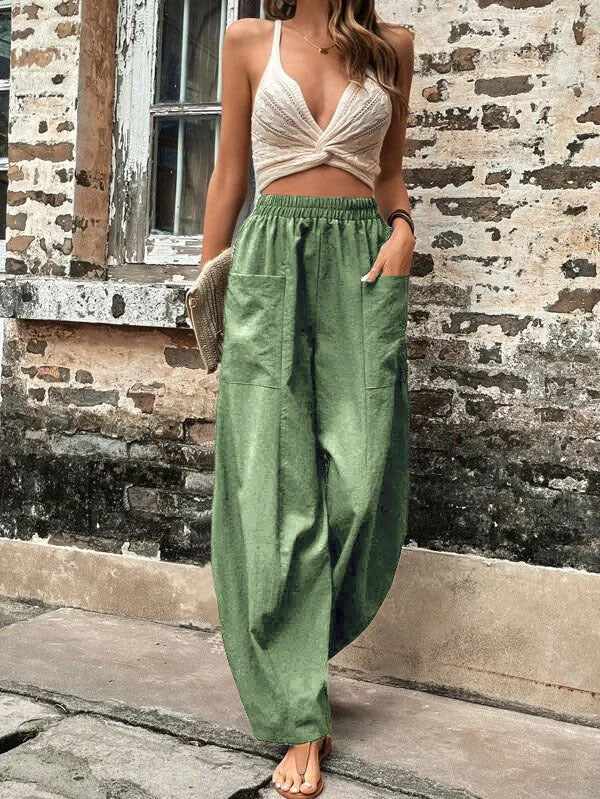 Elasticity Pockets Solid Color Loose Plus Size Pants