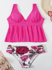 Printed Ruffled High Waisted Conservative Swimsuit