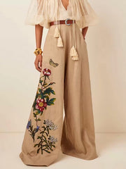 High Waisted Loose Belted Flower Print Pockets Pants Trousers