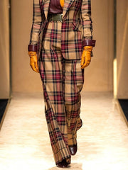 Plaid Split-Joint High Waisted Straight Leg Trousers Pants