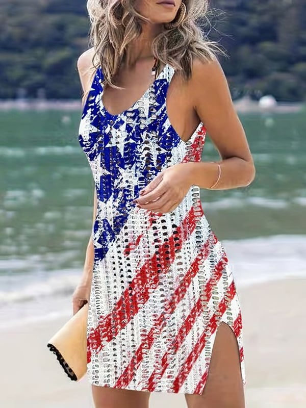 Women's American Flag Knitted Ripped Cutout Cover-Up Swimsuit