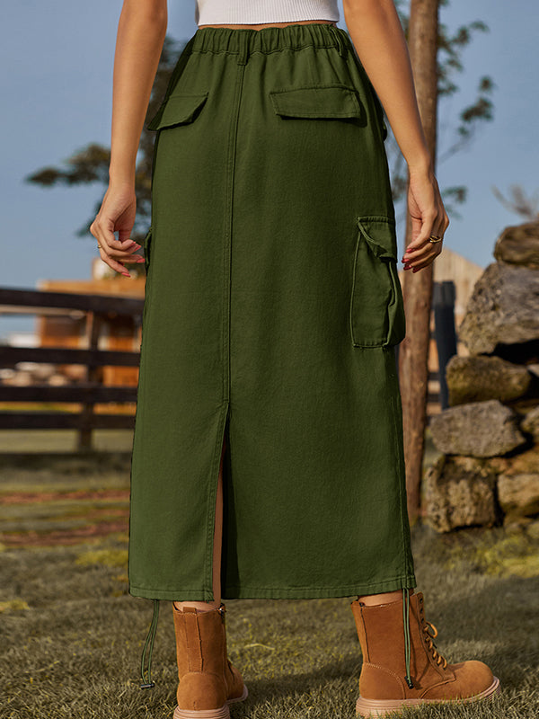 Drawstring Elasticity Pockets Solid Color Split-Back A-Line Loose Skirts Bottoms