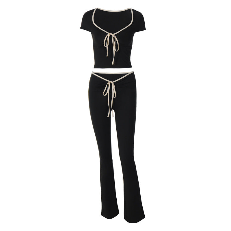 Bella Contrast Trim Square Neck Crop Top &amp; Flare Pants Set