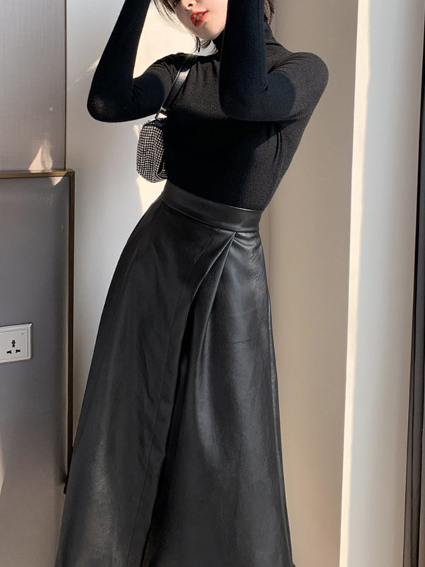 Solid Color Split-Front A-Line Loose Skirts Bottoms