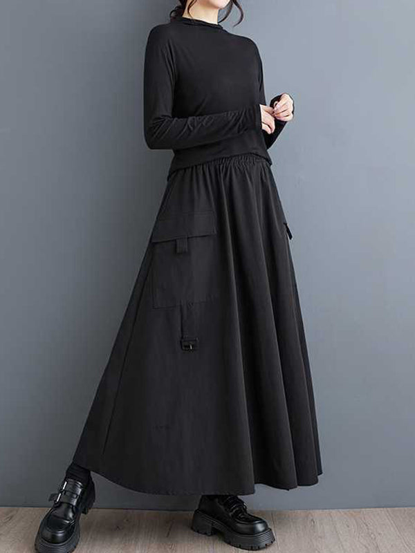 Elasticity Pleated Pockets Solid Color Split-Joint A-Line Loose Skirts Bottoms