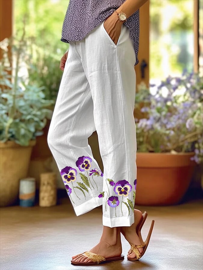Women's Art Floral Loose  Pockets Casual Pants
