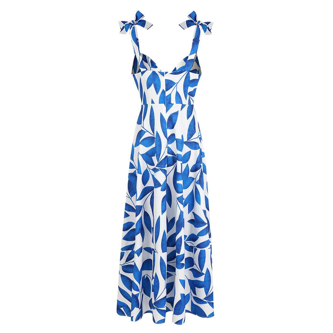 Women's Blue Printed Off-the-shoulder Sling Waist-tight Elegant Long Dress