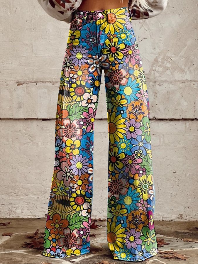 Women's Vintage Botanical Floral Wide Leg Pants