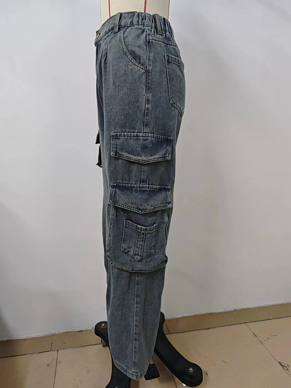 Pleated Pockets Split-Joint Loose Jean Pants Bottoms