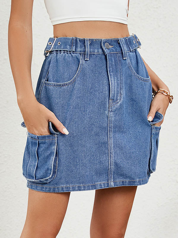Adjustable Elasticity Pockets Split-Joint High Waisted Loose Skirts Bottoms