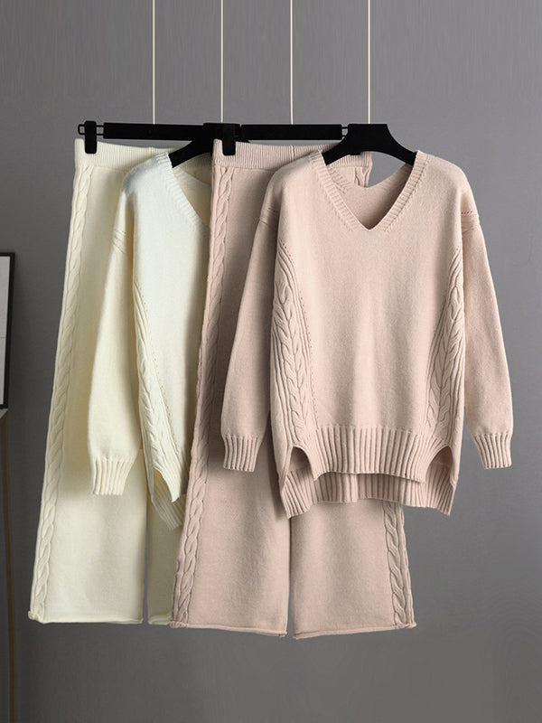 Urban Loose Solid Color V-Neck Sweater Tops& Wide Leg  Pants Suits