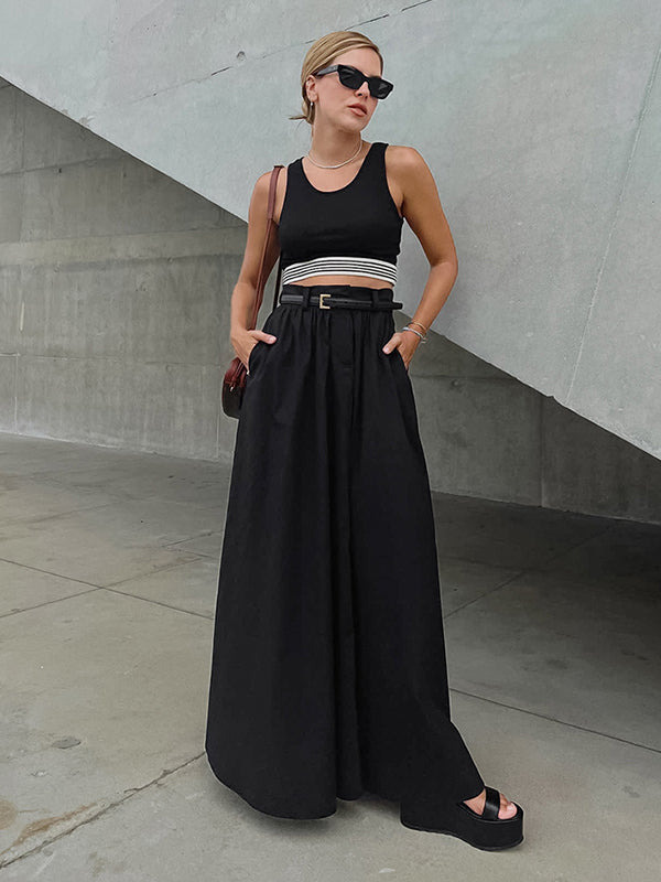 Pockets Solid Color Zipper High Waisted Loose Skirts Bottoms