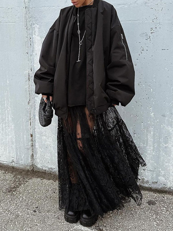 Elasticity Hollow Jacquard Mesh See-Through Split-Joint A-Line High Waisted Skirts Bottoms