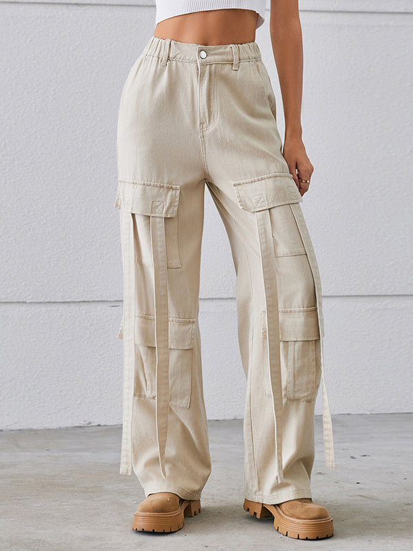High-Waisted Pockets Split-Joint Streamer Loose Straight Leg Jean Pants Bottoms