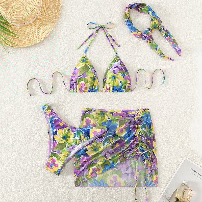 Women's Art Hawaiian Contrast Floral Print Four Piece Swimsuit