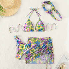 Women's Art Hawaiian Contrast Floral Print Four Piece Swimsuit