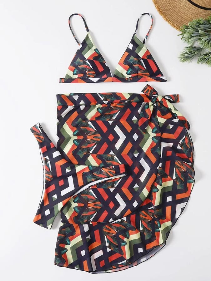 Three Piece Triangular Printed Bikini Swimsuit