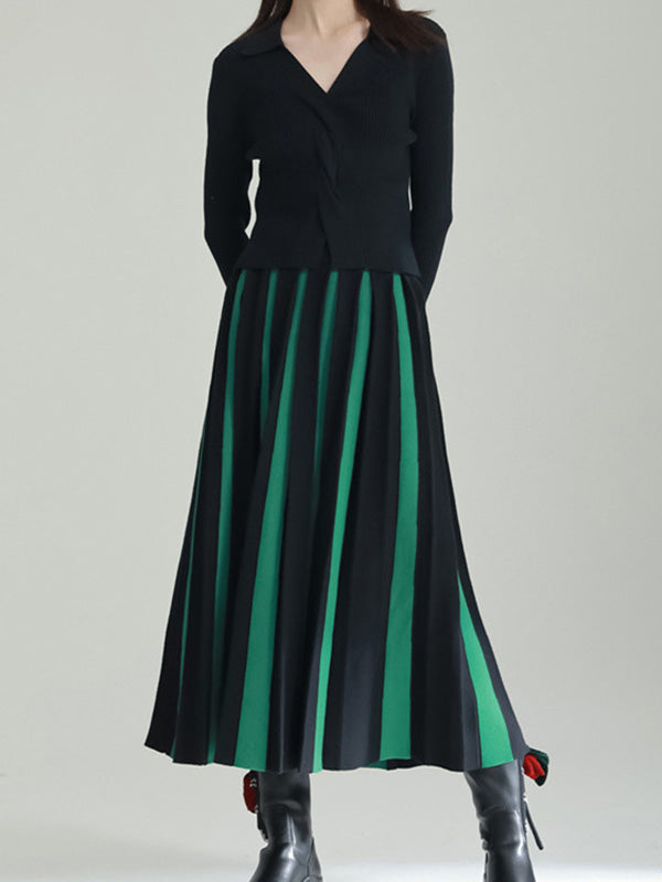 Contrast Color Pleated A-Line Loose Skirts Bottoms