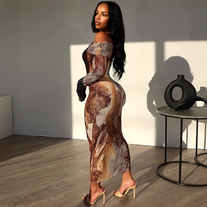 Off-Shoulder Abstract Print Layered Bodycon Maxi Dress