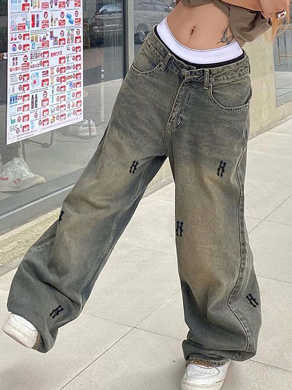 Distressed Letter Print Wide Leg Low Rise Jeans