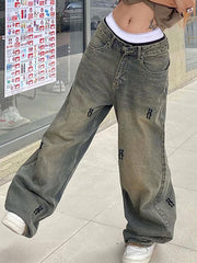 Distressed Letter Print Wide Leg Low Rise Jeans
