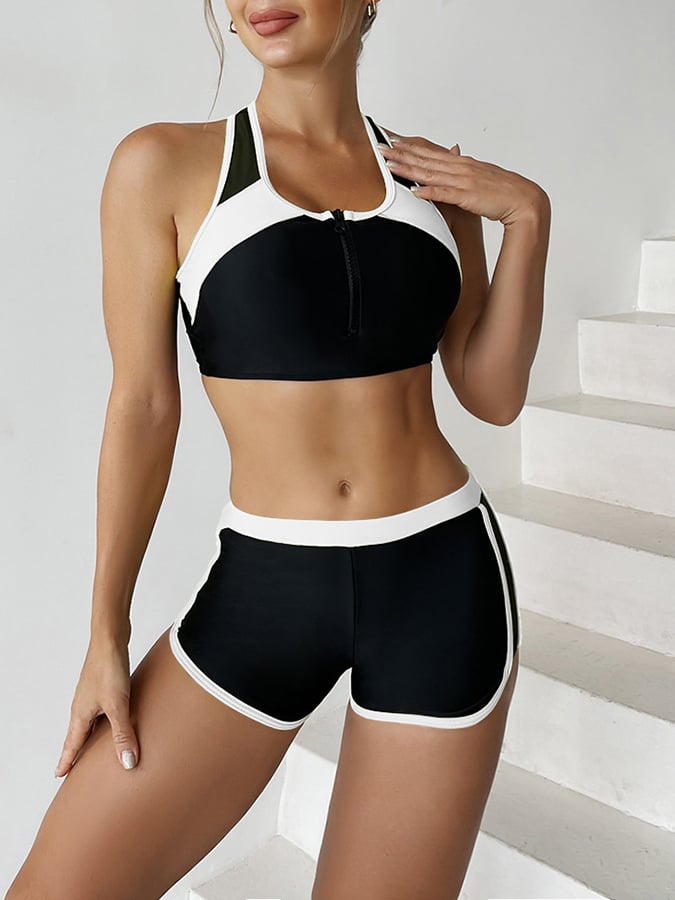 Color Blocking Women'S Split Flat Angle Swimsuit With Front Chest Zipper Sports Racing Bikini