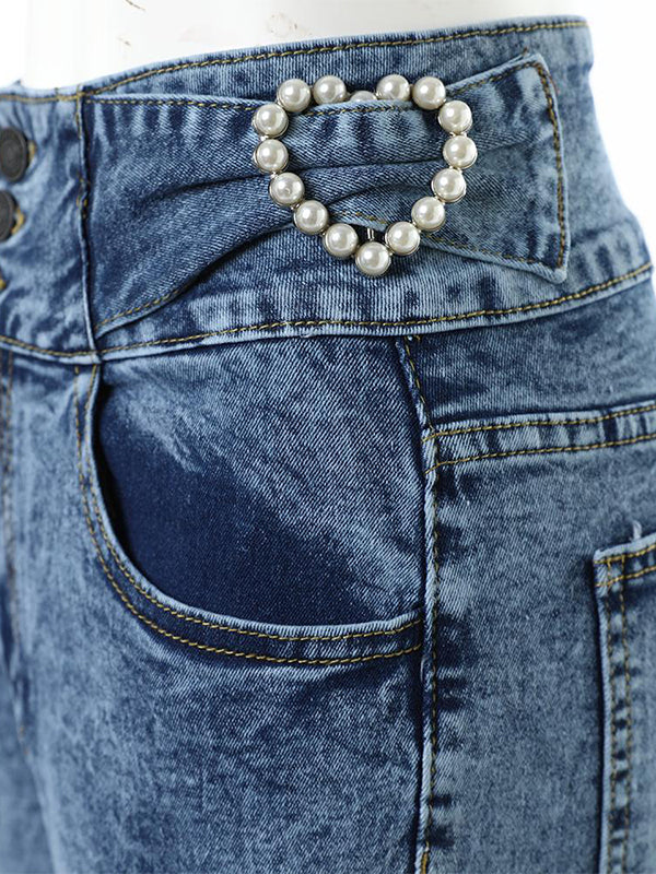 Beads Buttoned Elasticity Pockets Zipper Skinny Jean Pants Bottoms