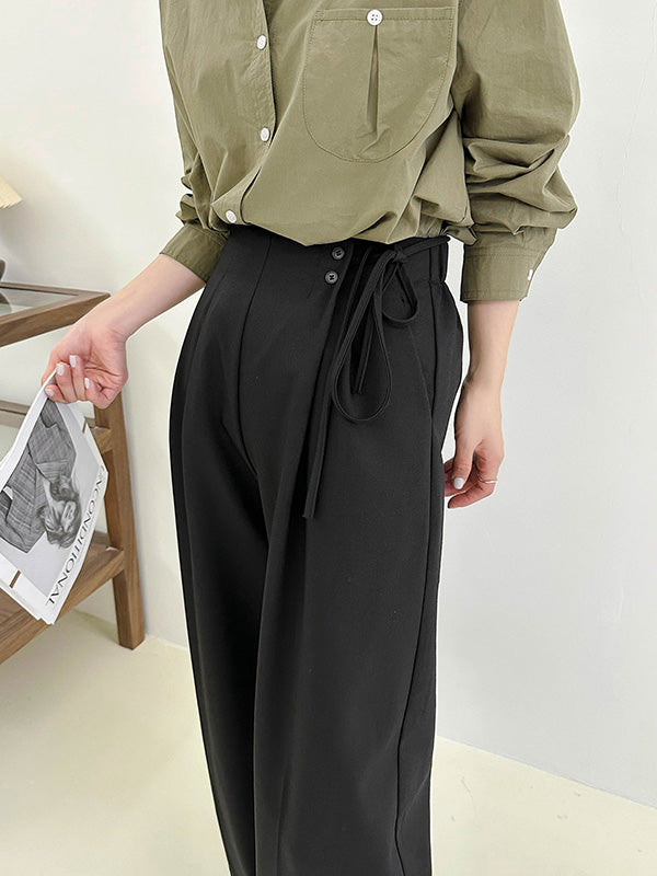 Lace-Up Pleated Solid Color Split-Joint High Waisted Loose Trousers Suit Pants