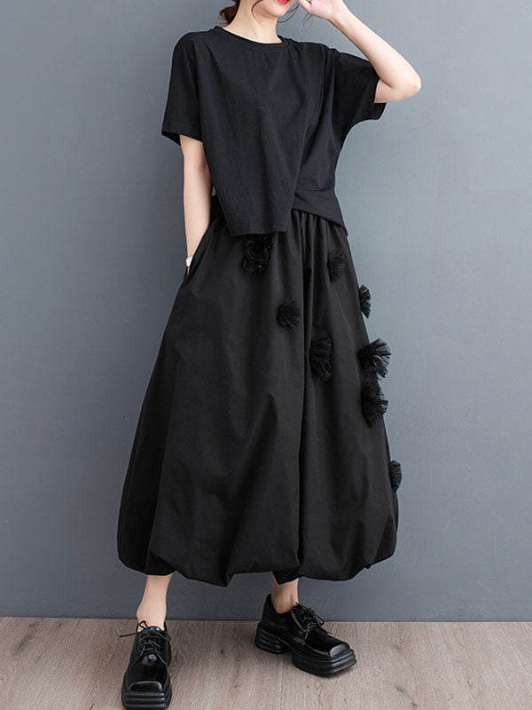 Flower-Embellished Elastics Solid Color Loose Skirts Bottoms