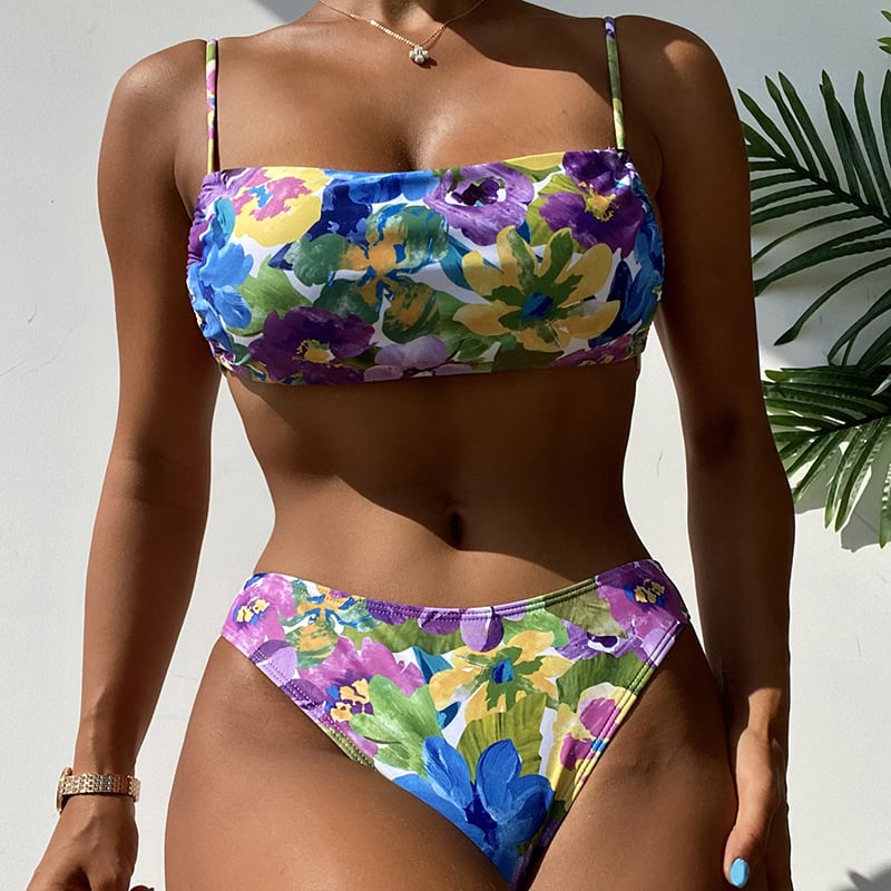Women's Art Hawaiian Contrast Floral Print Tankini Swimsuit