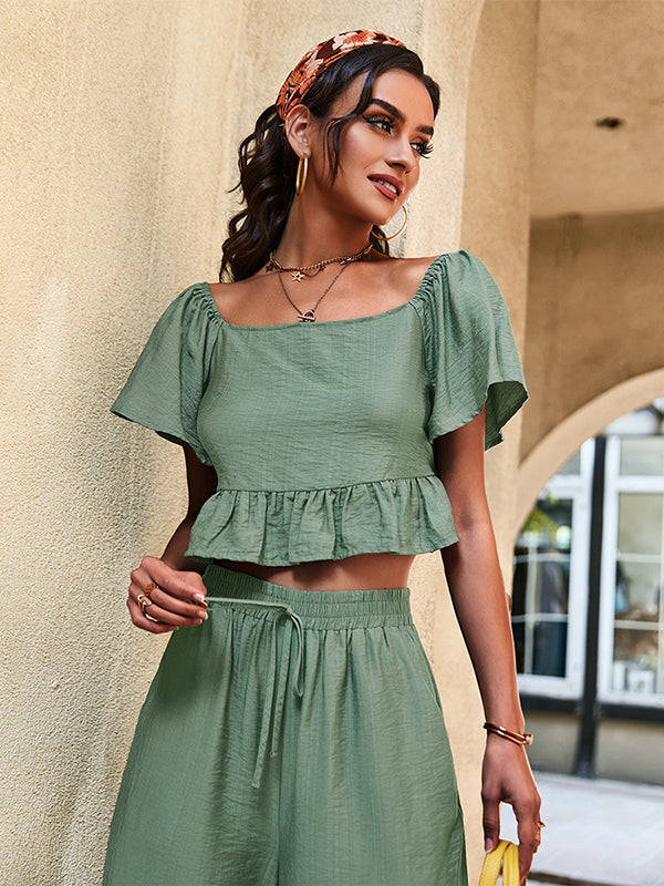 Casual High Waisted Solid Color U-Neck Two Pieces Set