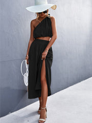 Zara Solid Color Tie Shoulder Slit Two Piece Dress