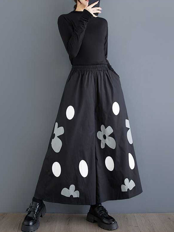 Elasticity Flower Print Pockets Loose Wide Leg Pants Culotte