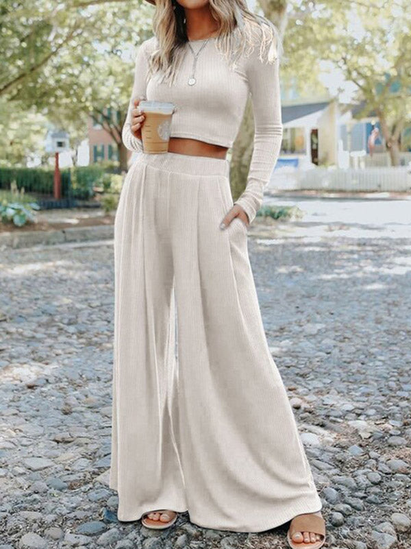 Solid Color Long Sleeves+Wide Leg Suits