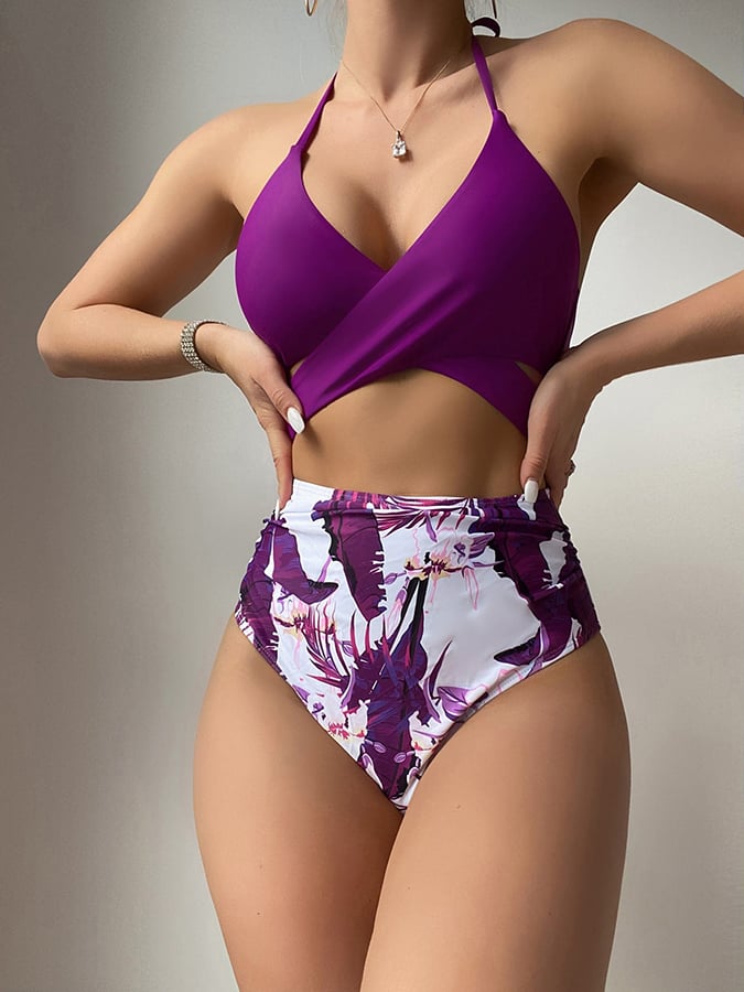 Printed Cross Tie Neck Split Swimsuit