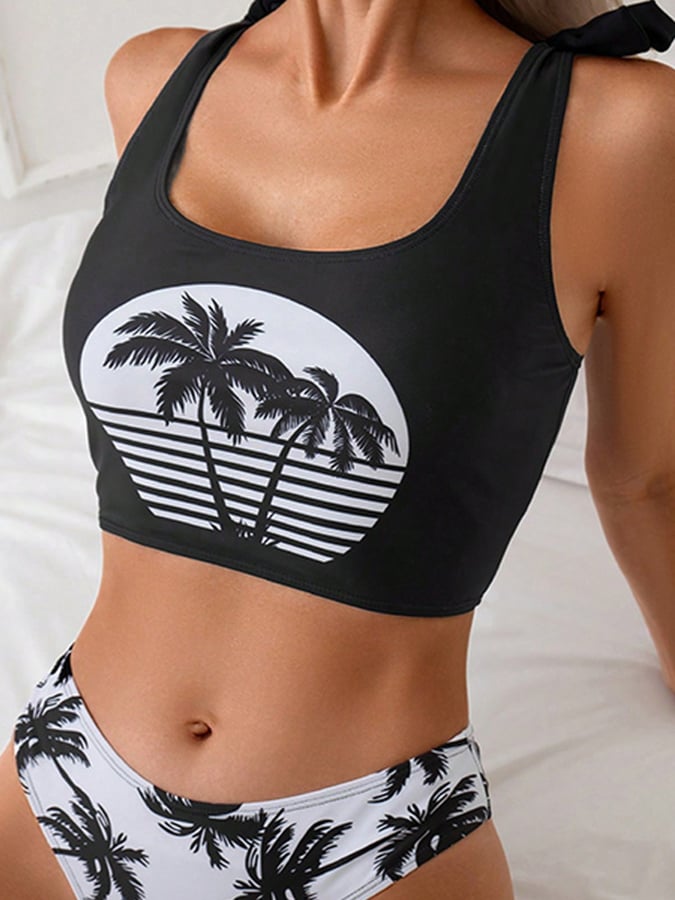 Women's Resort Coconut Print Lace-Up Design Beach Bikini