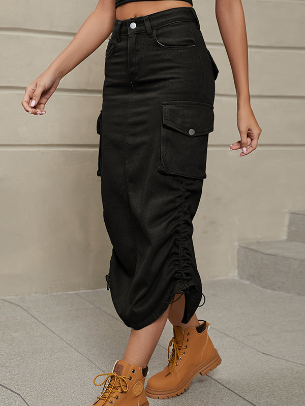 Buttoned Drawstring Pockets Solid Color Split-Side A-Line Skirts Bottoms