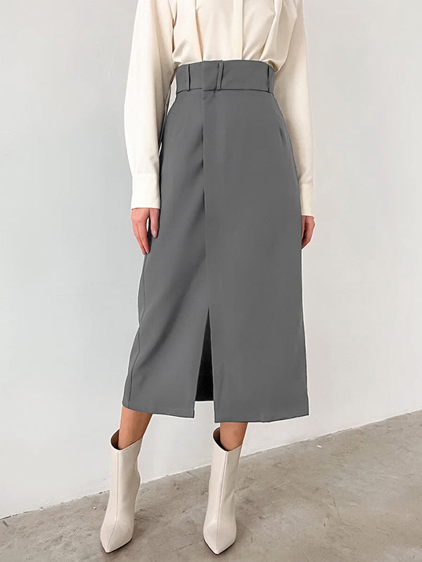 Solid Color Split-Joint Split-Side A-Line High Waisted Skirts Bottoms