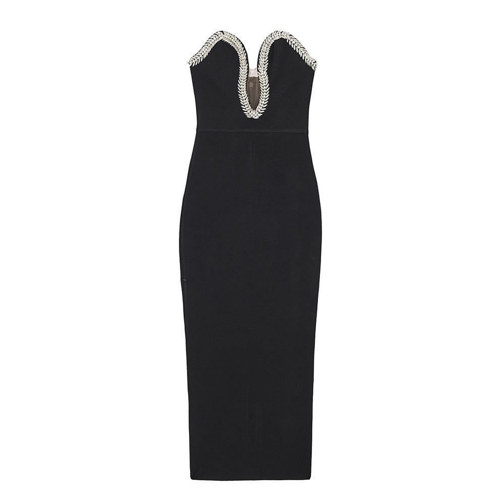 Summer Tube Top V-neck Diamond Black Bandage One-piece Dress