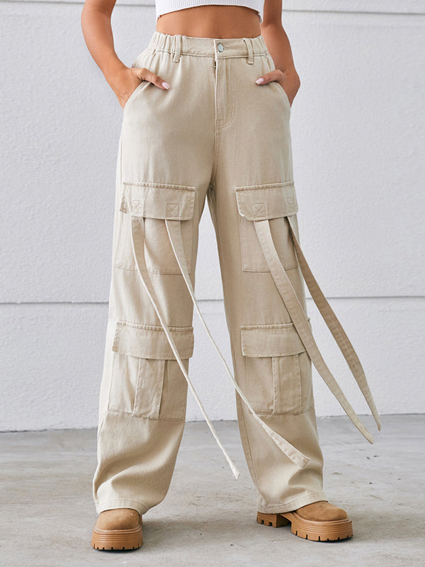 High-Waisted Pockets Split-Joint Streamer Loose Straight Leg Jean Pants Bottoms