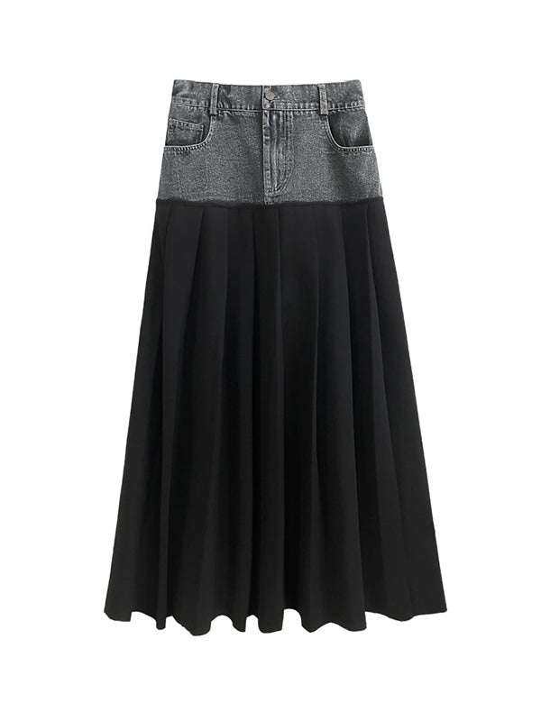 Contrast Color Pleated Split-Joint A-Line High Waisted Skirts Bottoms