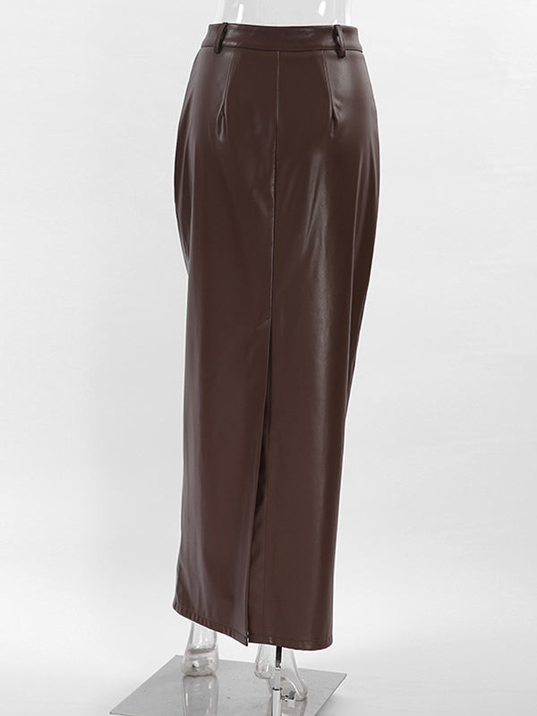 Buttoned Solid Color Split-back A-line High Waisted Skirts Bottoms