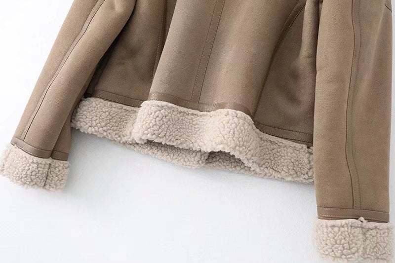 Fleece Suede Fur Jacket in Taupe & Black