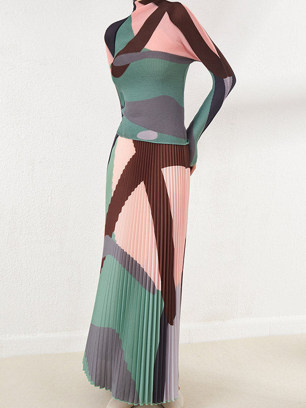 Contrast Color Pleated A-line Loose Skirts Bottoms