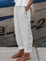 Buttoned Pockets Striped Loose Trousers Pants