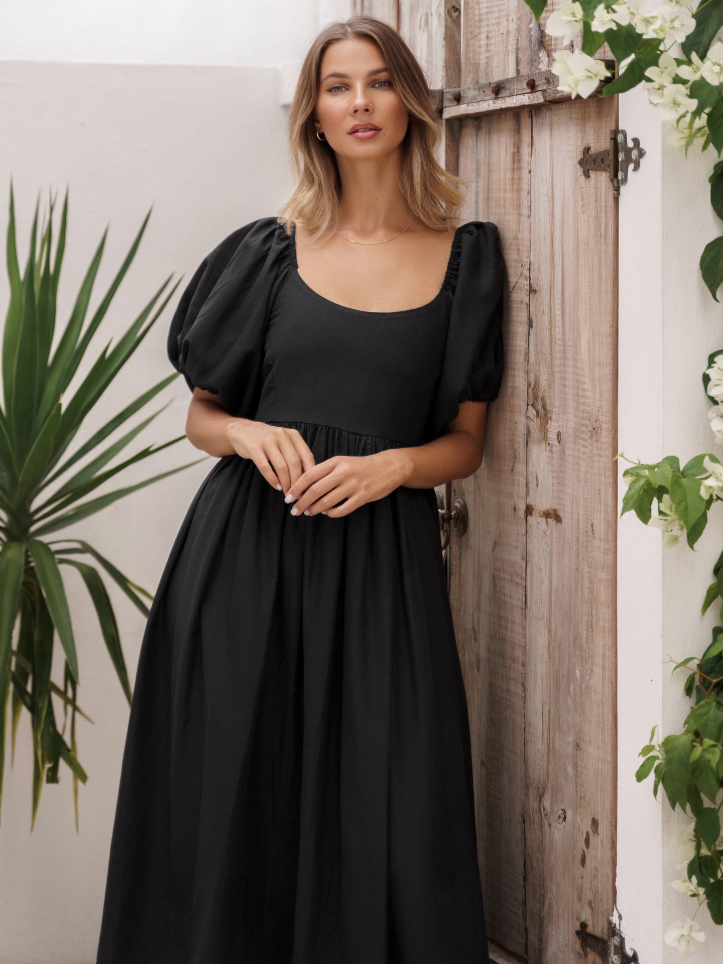 Cherie Puff Sleeve Linen Midi Dress with Backless Detail