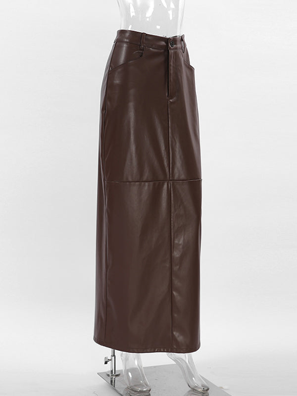 Buttoned Solid Color Split-back A-line High Waisted Skirts Bottoms