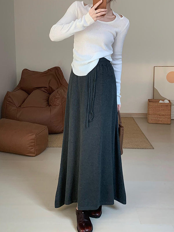 Drawstring Solid Color A-Line Loose Skirts Bottoms
